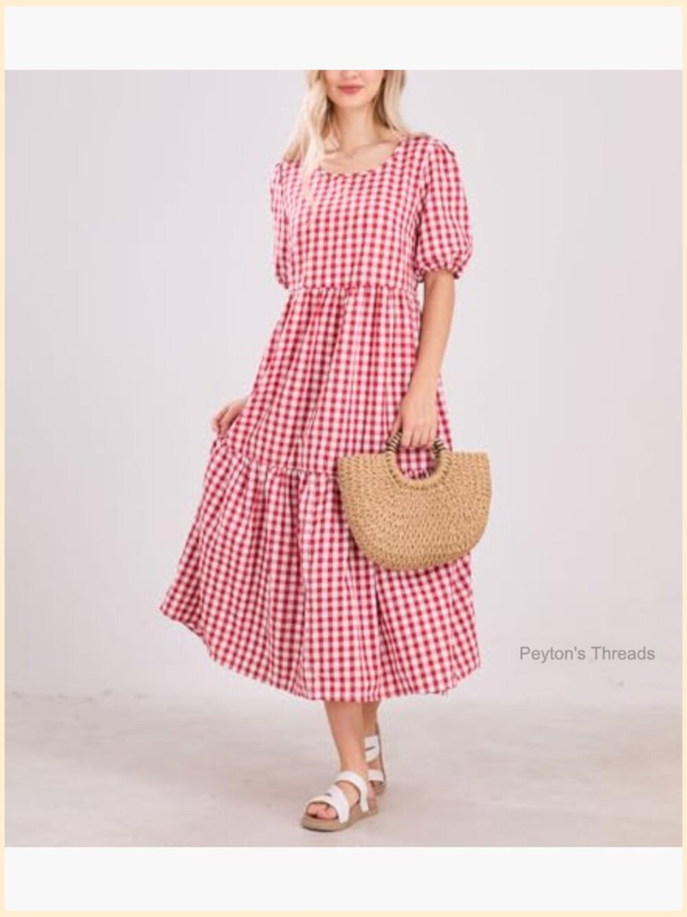 Retro Lantern Puff Sleeve Plaid Dress Gingham Swing Tiered Midi Long - Picture 2 of 7